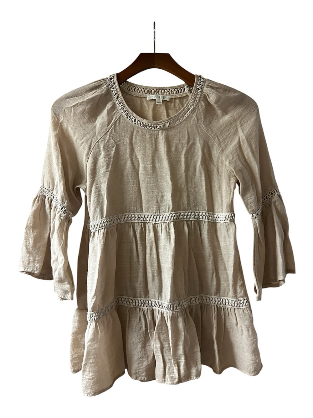 Spense beige peasant style tiered embroidered top